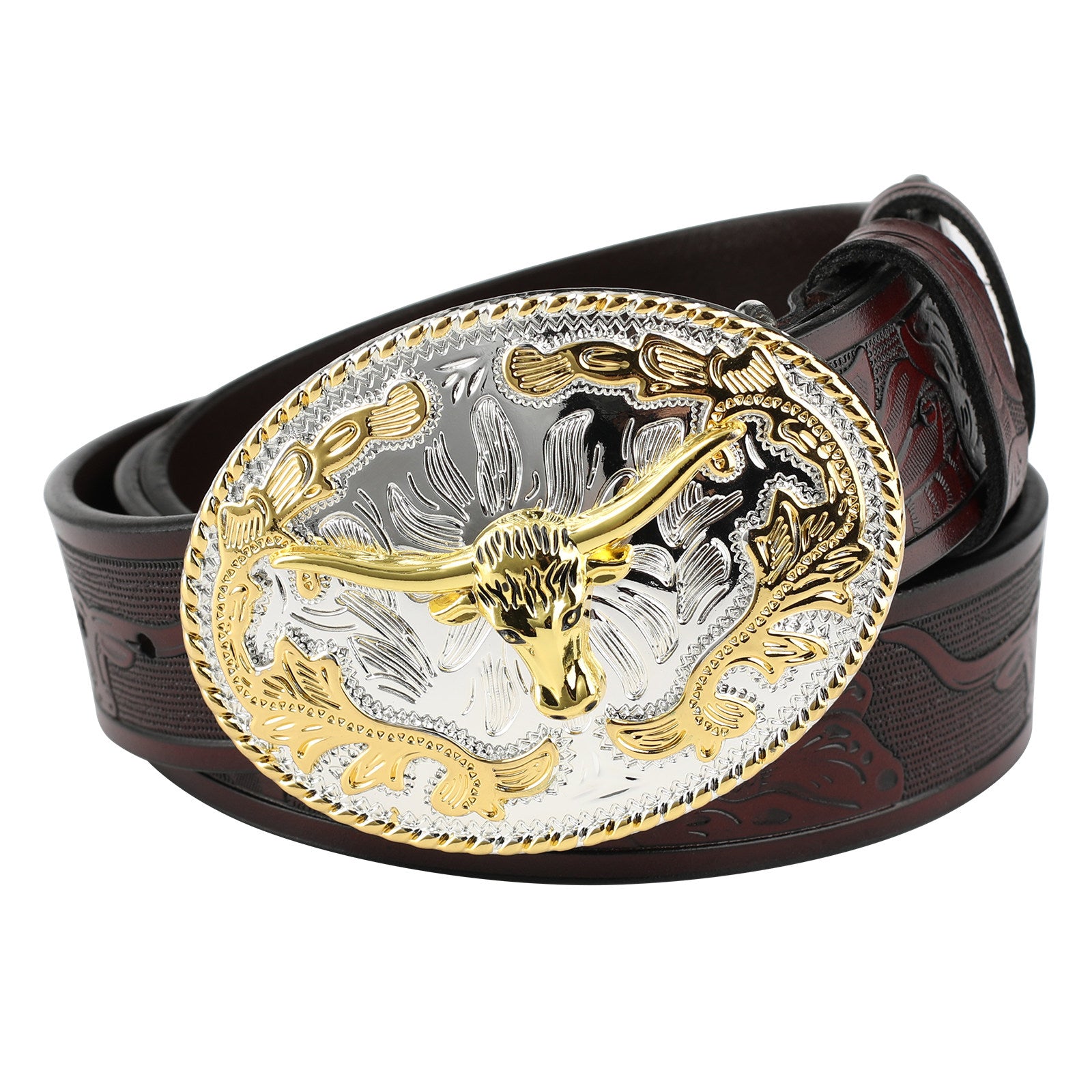 Mens Western Longhorn Leather Belt Gold Silver Oval Bull Buckle Cowboy