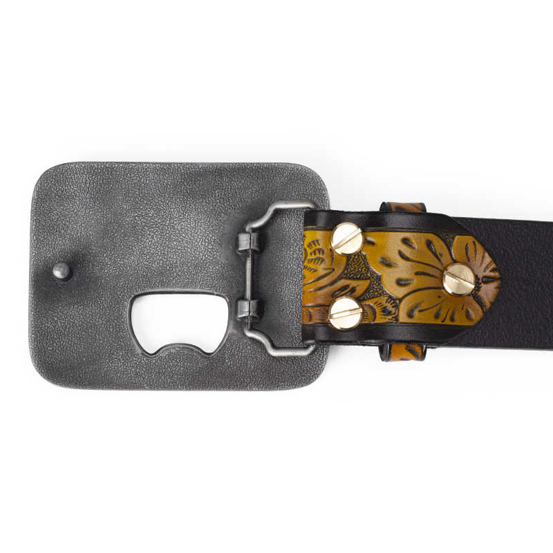 Mens Western Longhorn Tooled Cowboy Leather Belt Bottle Opener Buckle