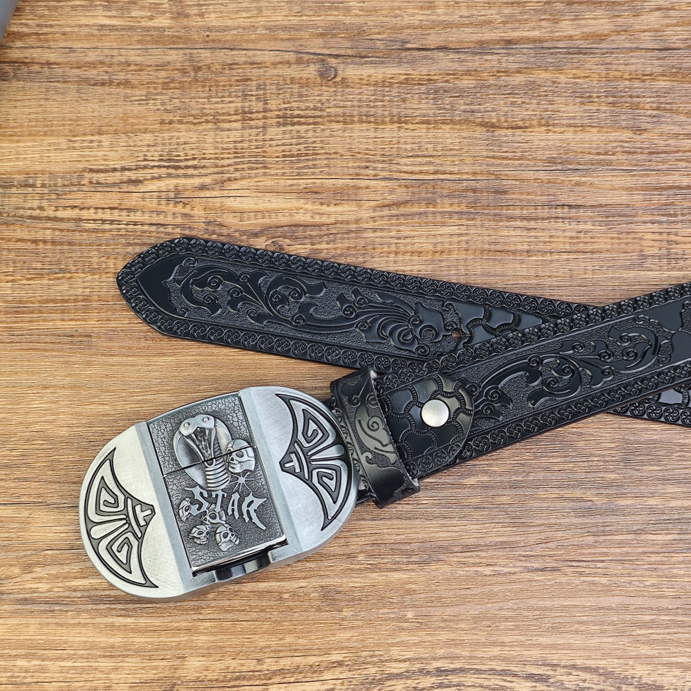 Mens Black Leather Belt with Hidden Lighter Cobra Skull Buckle
