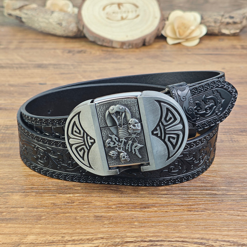Mens Black Leather Belt with Hidden Lighter Cobra Skull Buckle