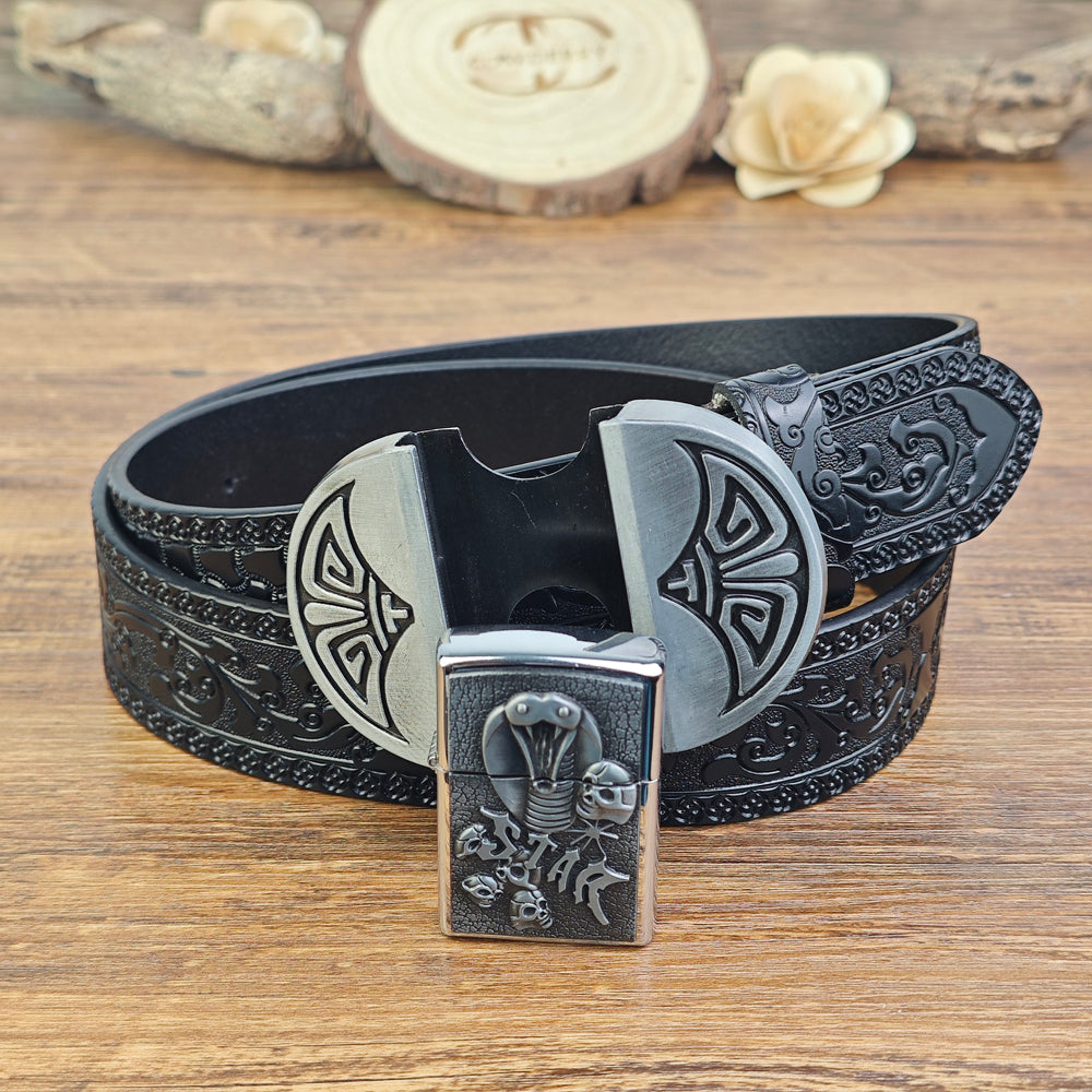 Mens Black Leather Belt with Hidden Lighter Cobra Skull Buckle