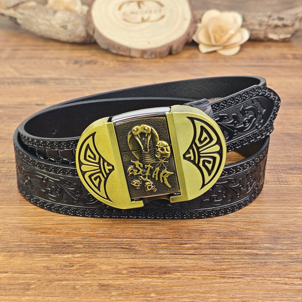 Mens Black Leather Belt with Hidden Lighter Cobra Skull Buckle