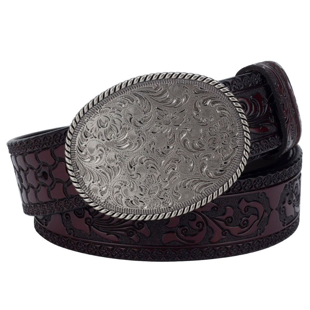 Western Floral Leather Belt with Engraved Oval Buckle
