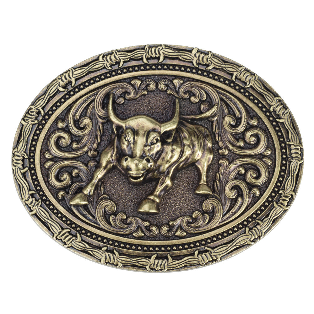 Western Charging Bull Belt Buckle Antique Bronze Oval Floral Scroll Rodeo Cowboy