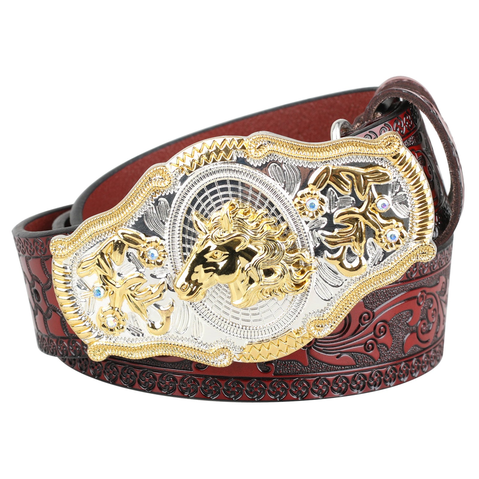 Black Western Leather Belt Gold Silver Rodeo Buckle Cowboy