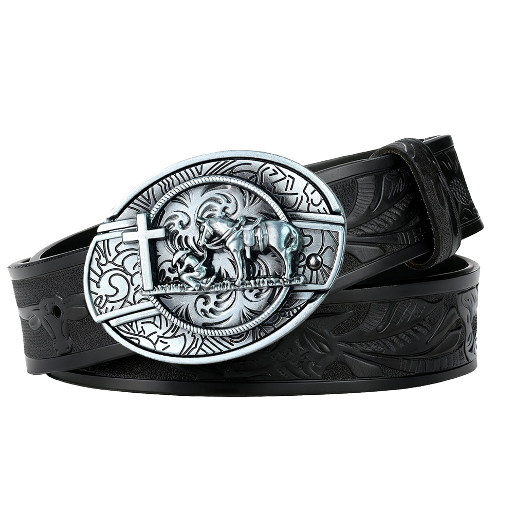 Country Leather Longhorn Belt with Antique Silver Cowboy Buckle