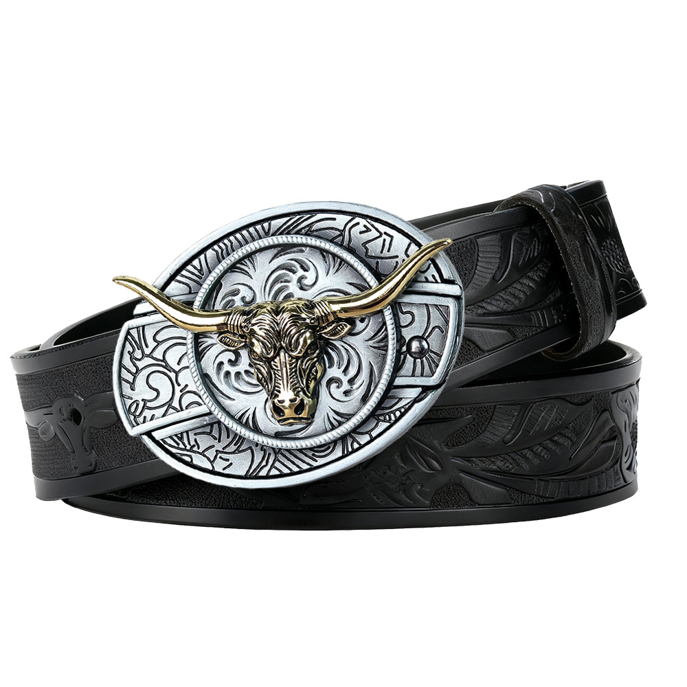 Country Leather Longhorn Belt with Antique Silver Cowboy Buckle