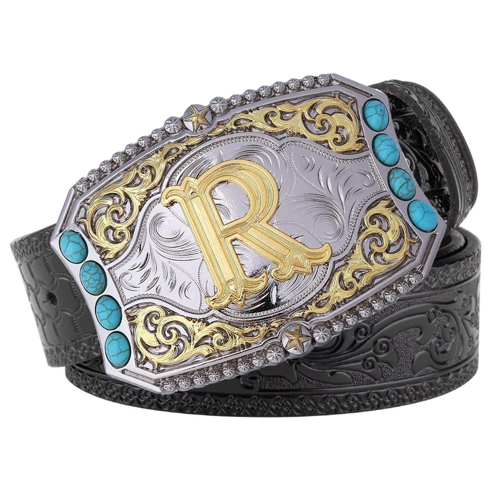Western Cowboy Belt Turquoise Stones A-Z Initial Buckle