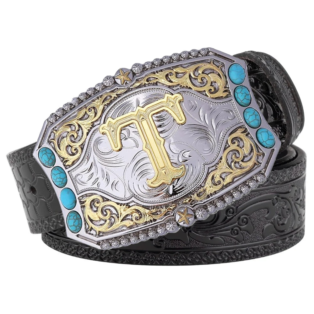 Western Cowboy Belt Turquoise Stones A-Z Initial Buckle