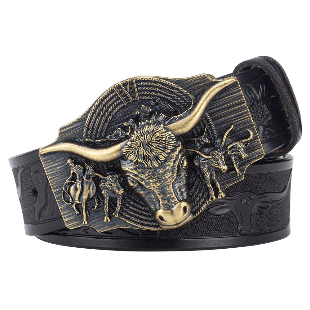 Texas Longhorn Bull Leather Cowboy Belt with Retro Rodeo Buckle