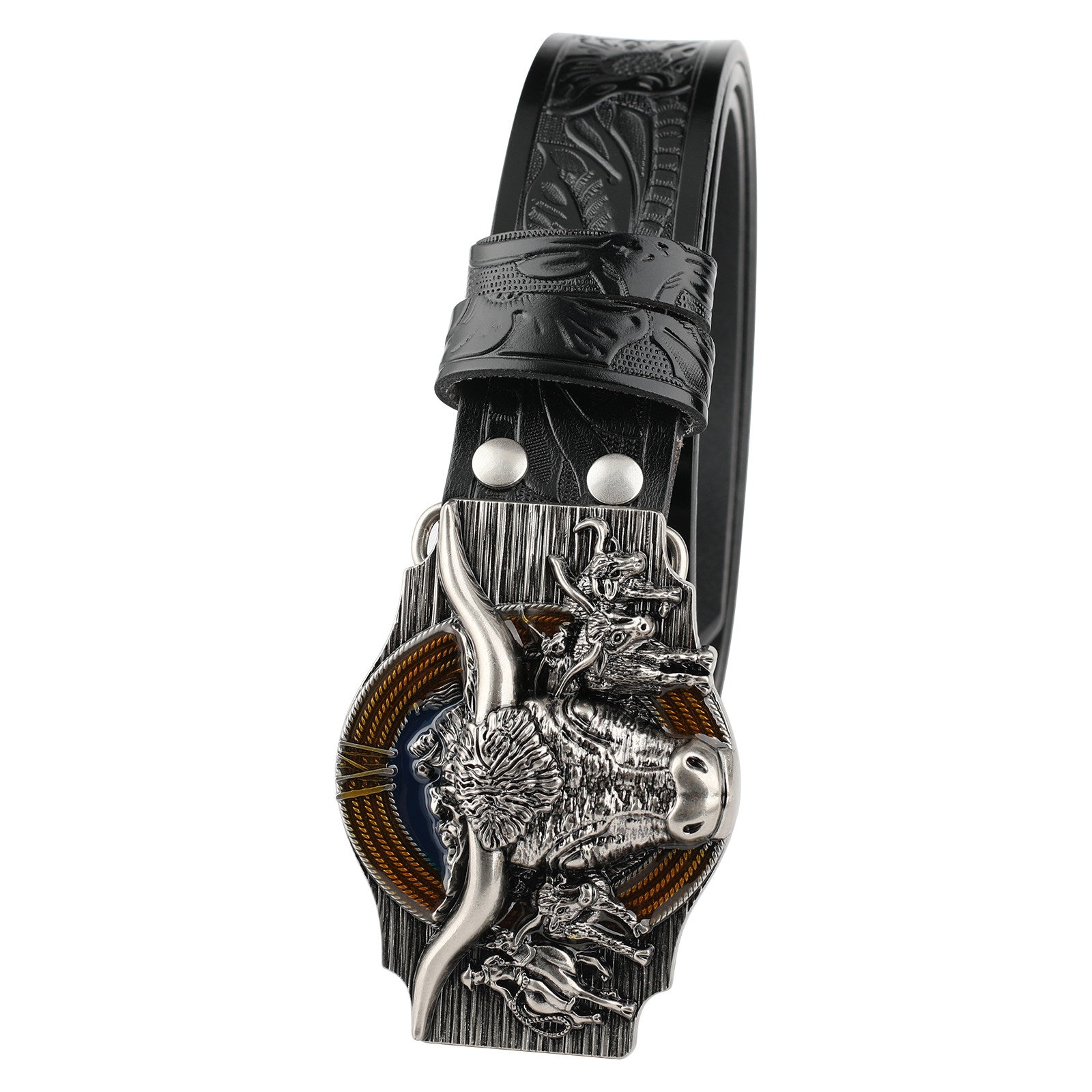 Texas Longhorn Bull Leather Cowboy Belt with Retro Rodeo Buckle