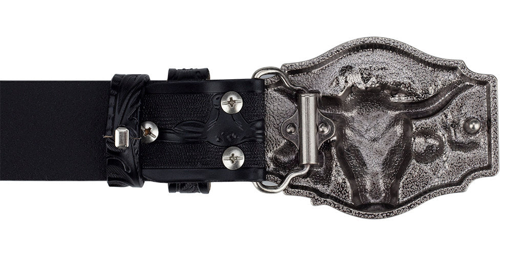 Texas Longhorn Bull Leather Cowboy Belt with Retro Rodeo Buckle