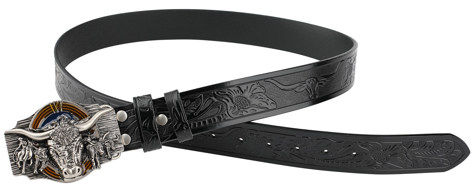 Texas Longhorn Bull Leather Cowboy Belt with Retro Rodeo Buckle
