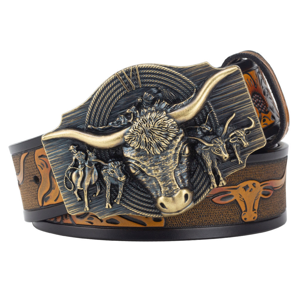 Texas Longhorn Bull Leather Cowboy Belt with Retro Rodeo Buckle