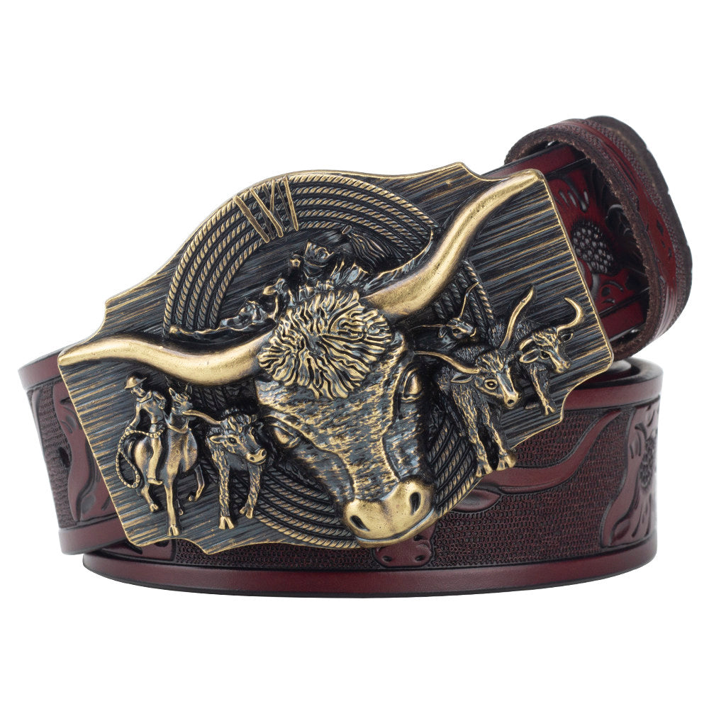 Texas Longhorn Bull Leather Cowboy Belt with Retro Rodeo Buckle