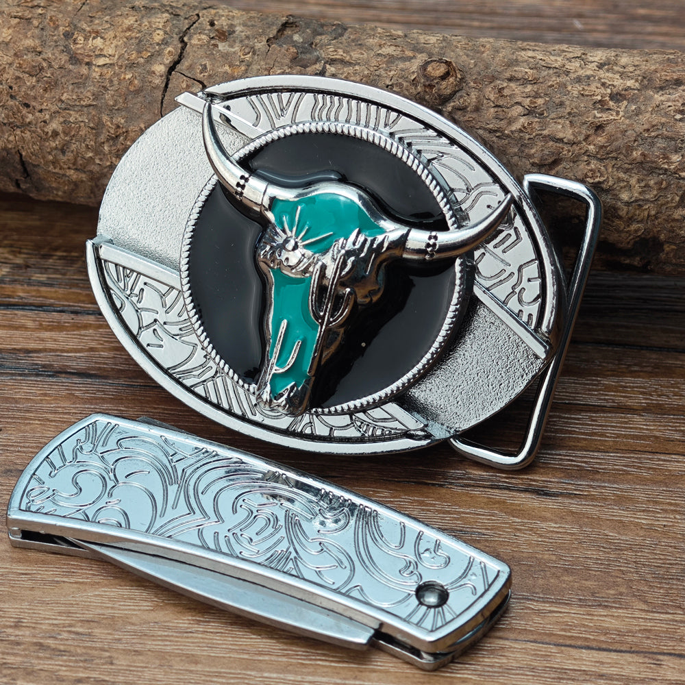 Turquoise Longhorn Skull Western Belt Buckle White