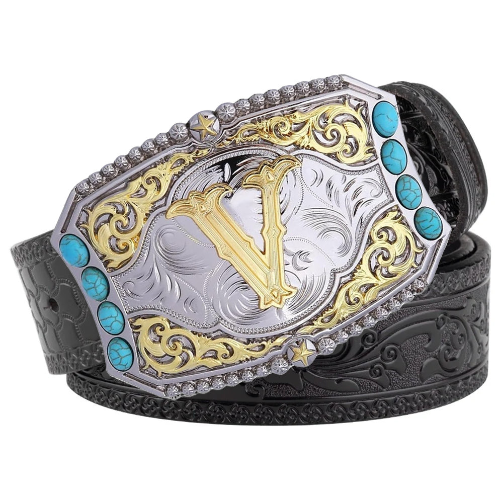 Western Cowboy Belt Turquoise Stones A-Z Initial Buckle