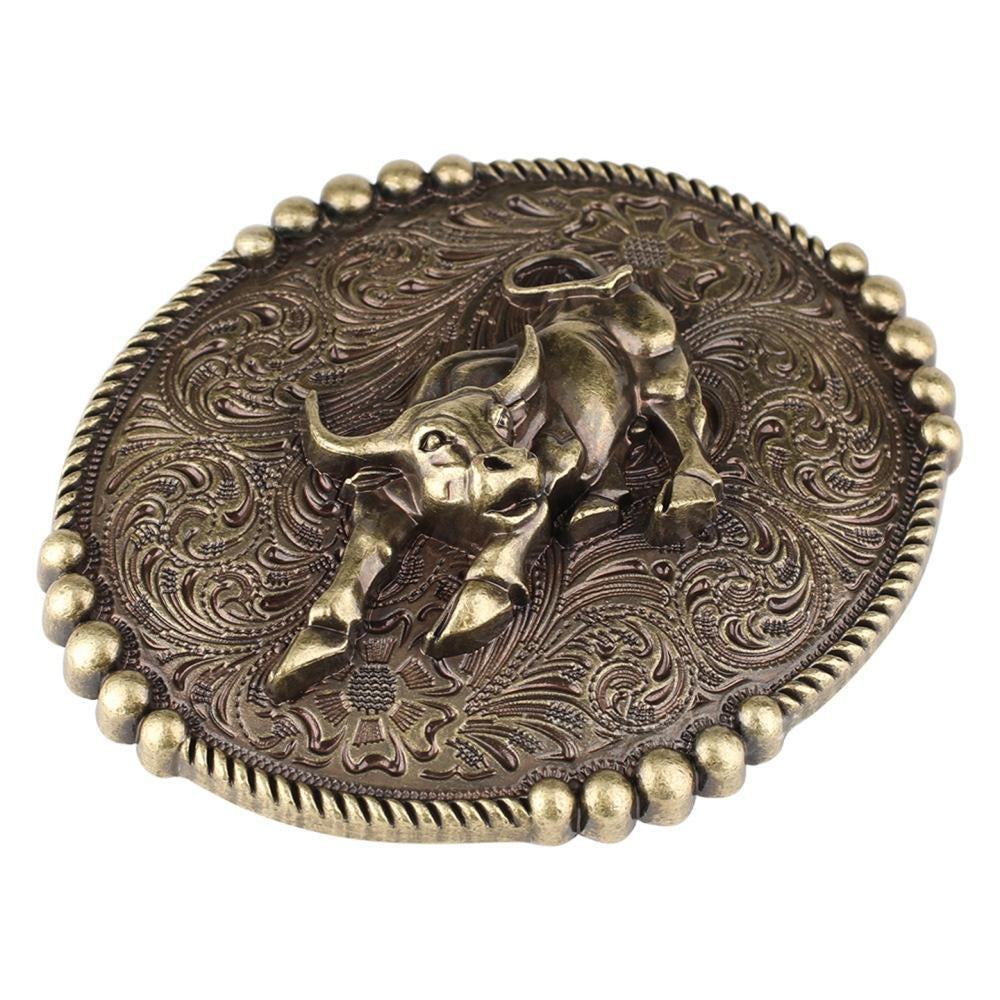 Vintage Bull Western Belt Buckle with Antique Bronze Engraving