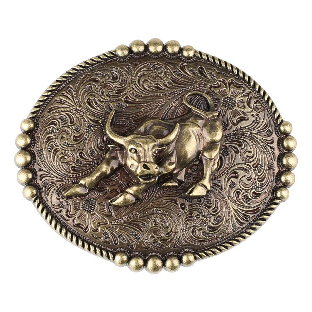 Vintage Bull Western Belt Buckle with Antique Bronze Engraving