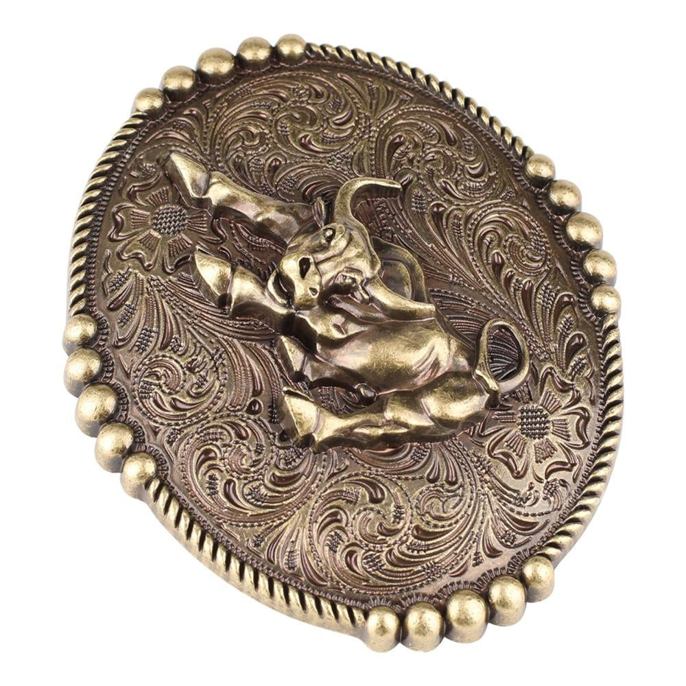Vintage Bull Western Belt Buckle with Antique Bronze Engraving