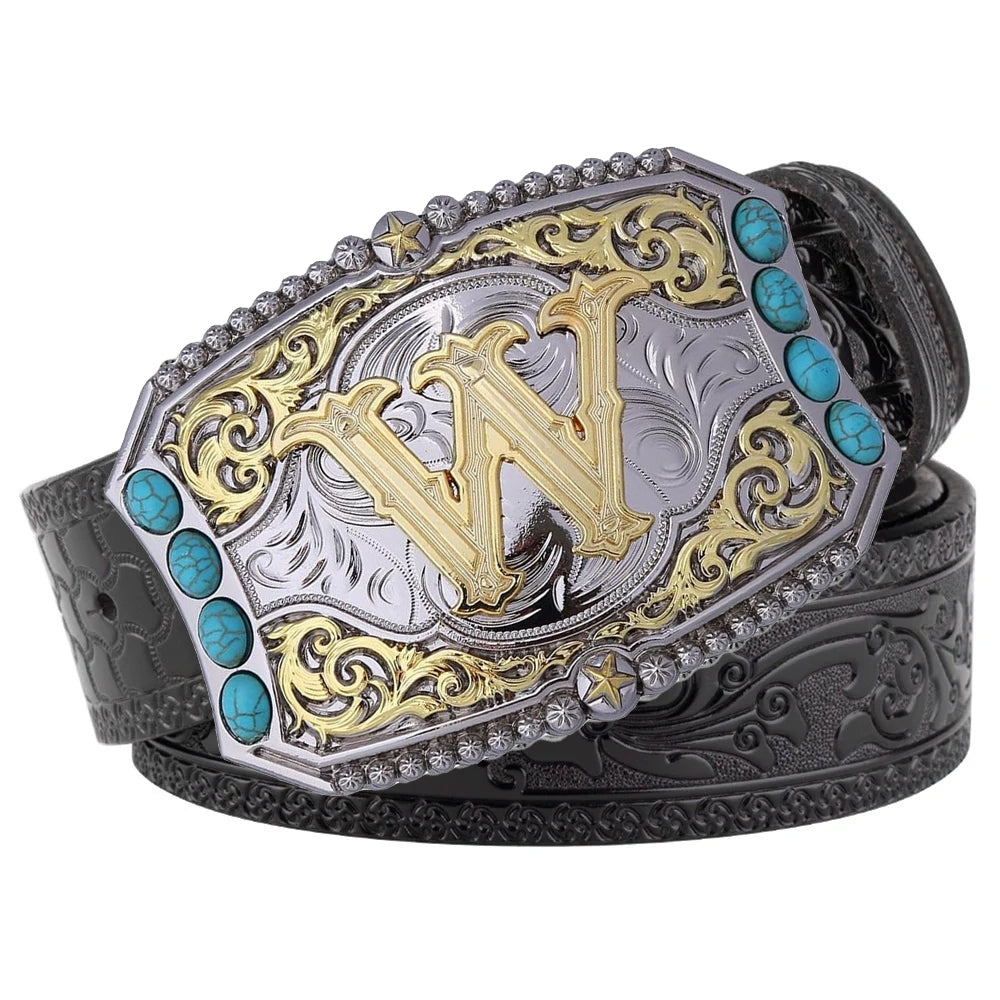 Western Cowboy Belt Turquoise Stones A-Z Initial Buckle
