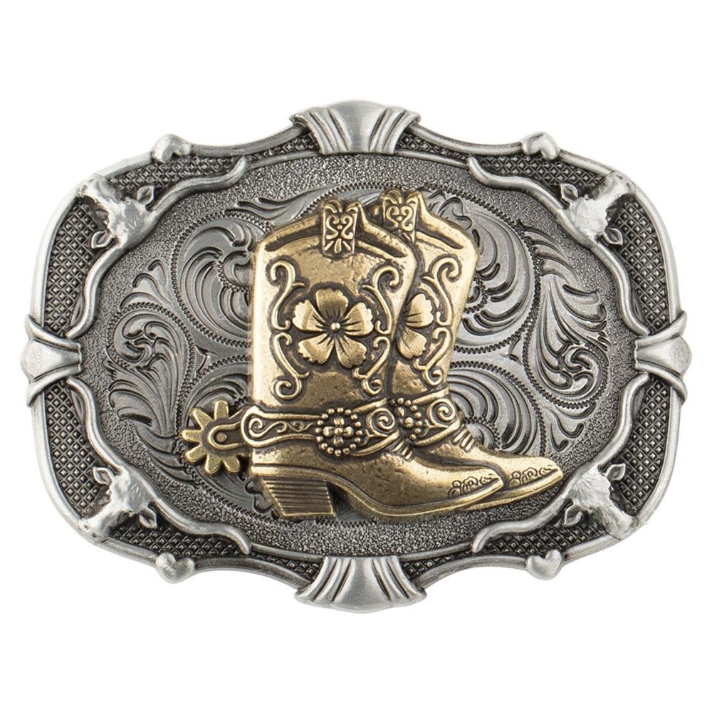 Western Belt Buckle Antique Silver Cowboy Boot Longhorn Floral Scroll