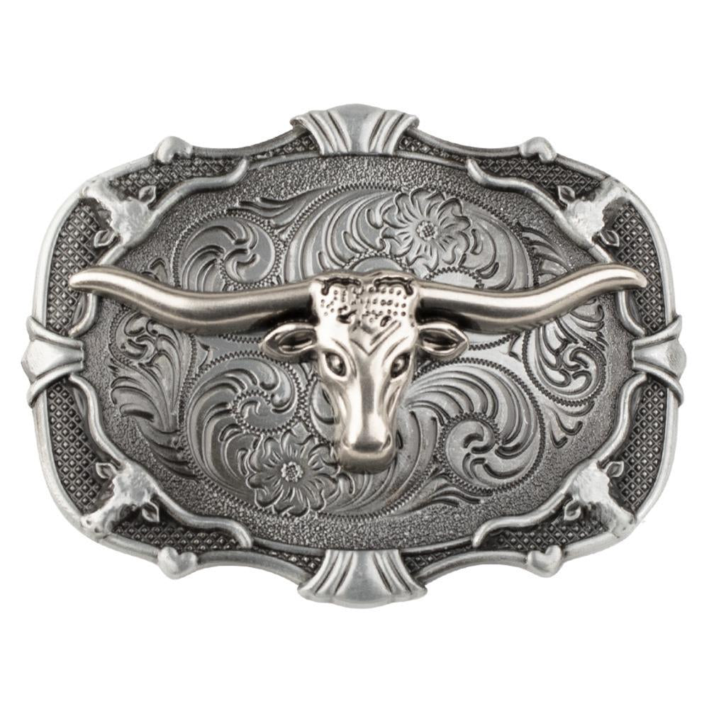 Western Belt Buckle Antique Silver Cowboy Boot Longhorn Floral Scroll