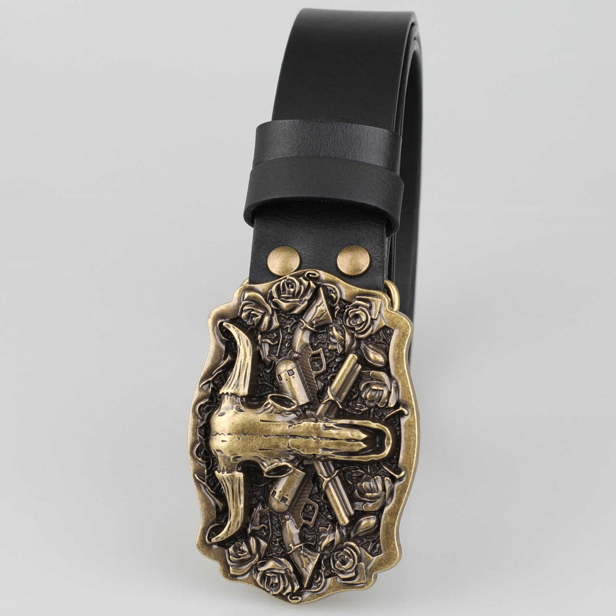 Western Belt with Antique Gold Bull Skull Buckle