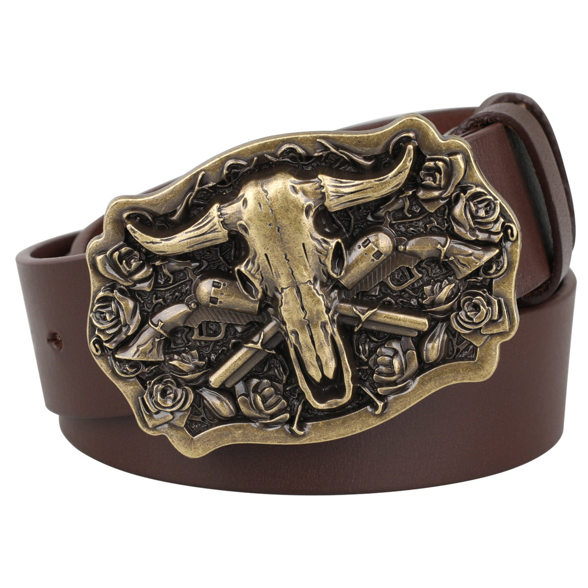 Western Belt with Antique Gold Bull Skull Buckle