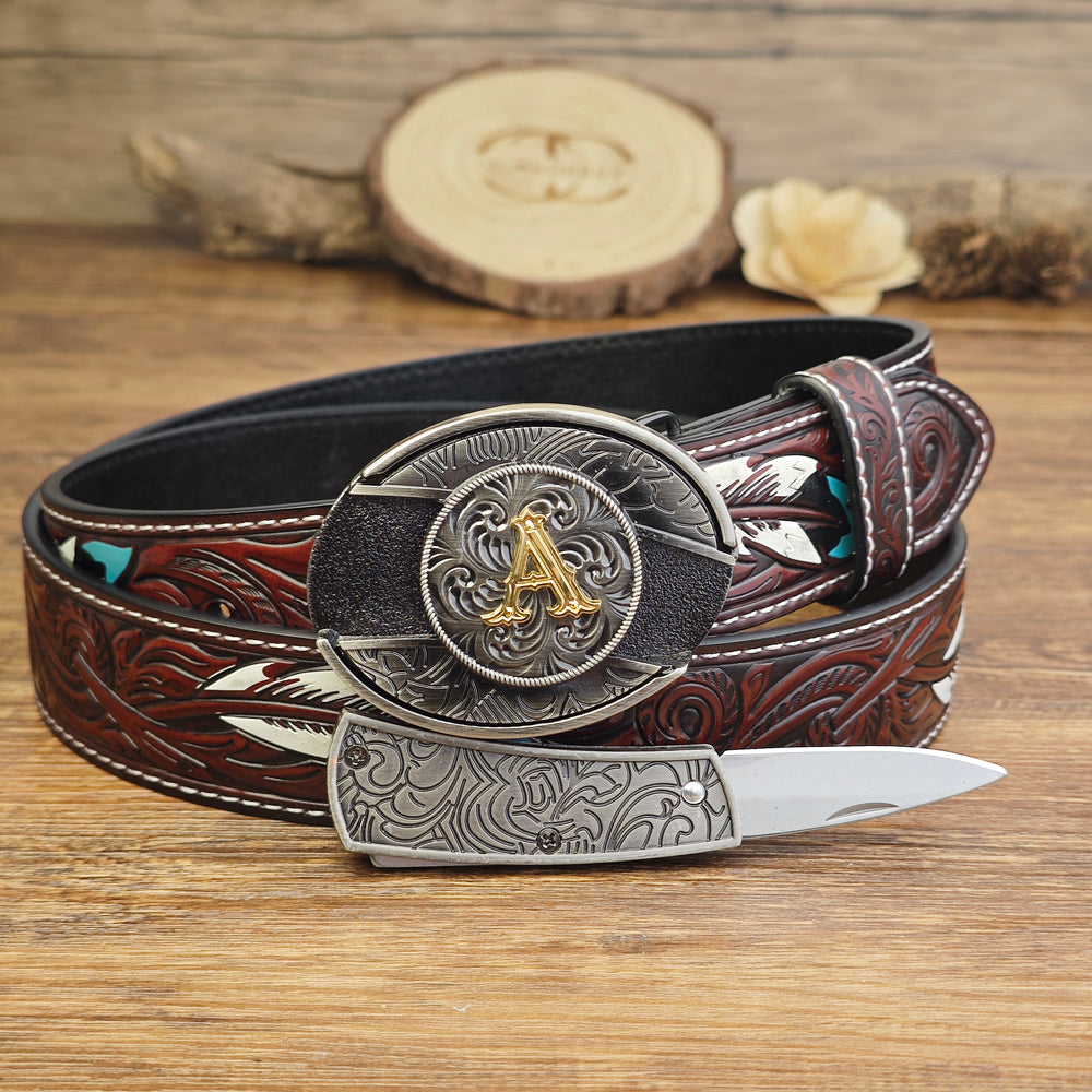 Western Brown Feather Belt with A–Z Initial Letter Buckle