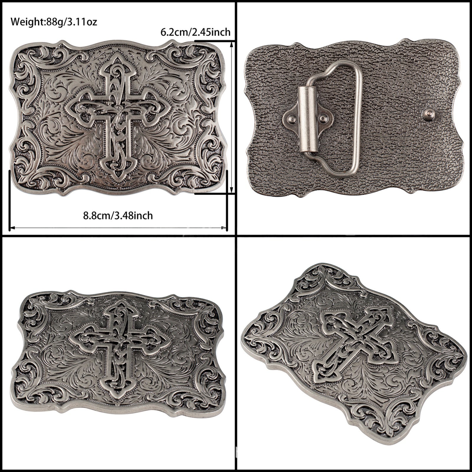 Western Cross Belt Buckle Antique Silver Floral Scroll Christian