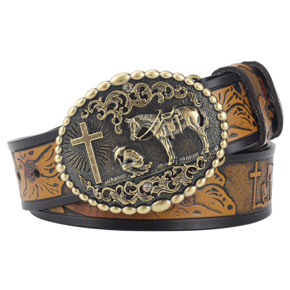Mens Western Leather Belt Praying Cowboy Cross Horse Oval Buckle