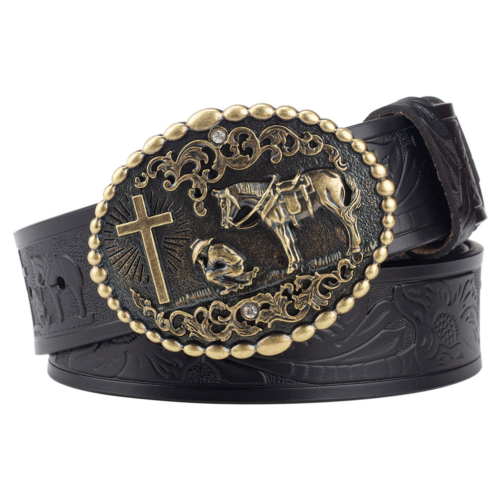 Mens Western Leather Belt Praying Cowboy Cross Horse Oval Buckle