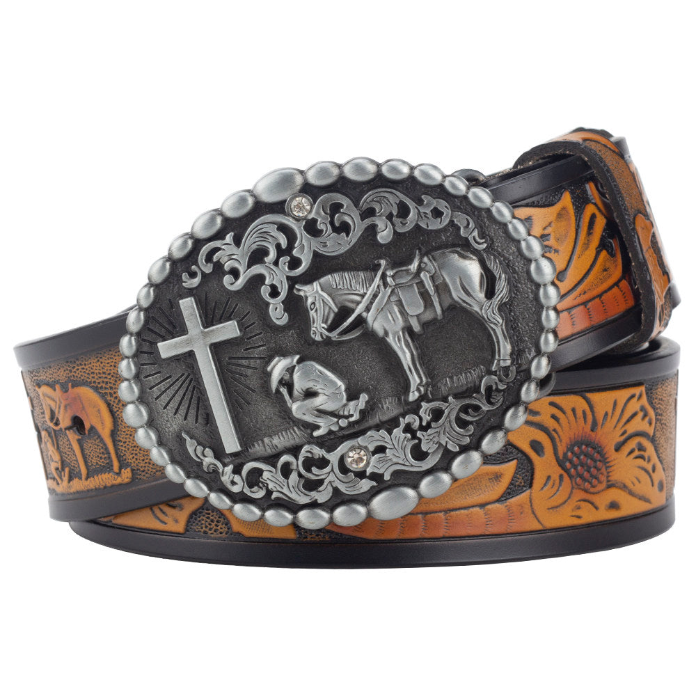 Mens Western Leather Belt Praying Cowboy Cross Horse Oval Buckle