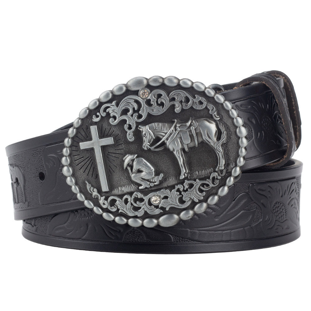 Mens Western Leather Belt Praying Cowboy Cross Horse Oval Buckle