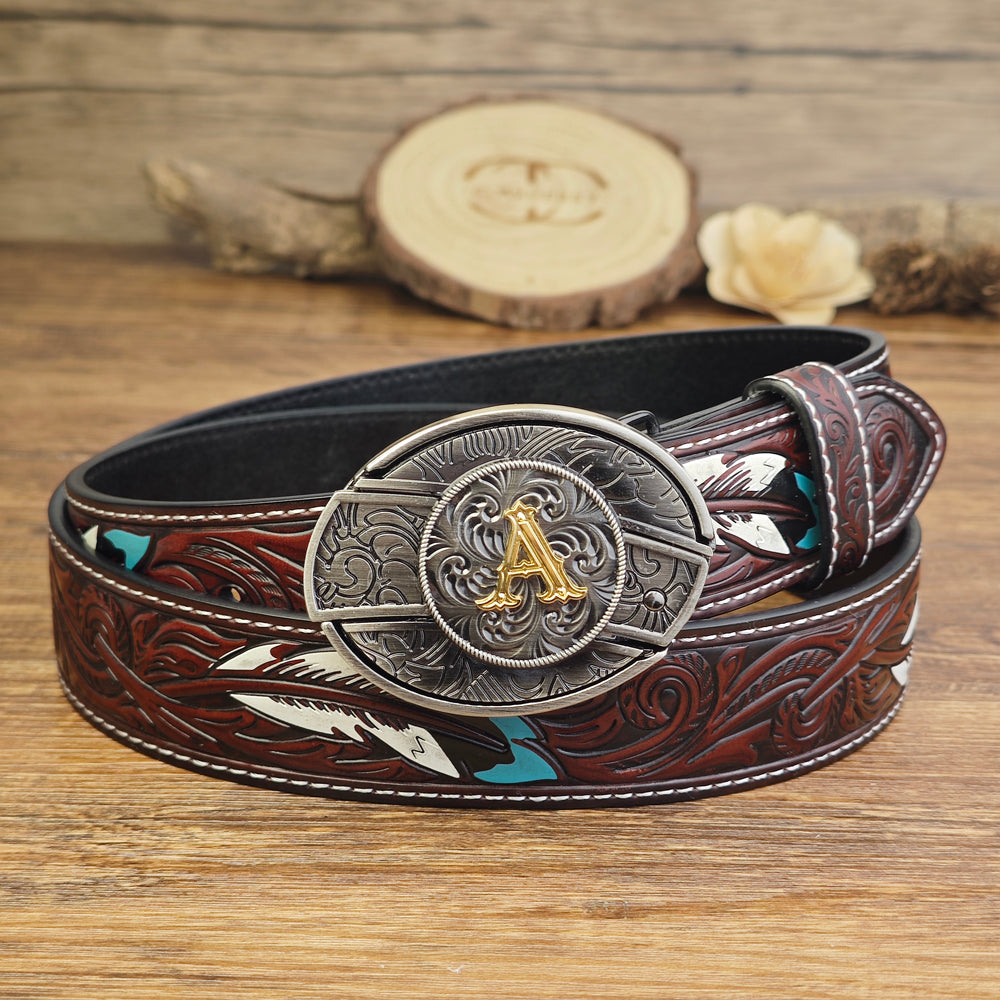 Western Brown Feather Belt with A–Z Initial Letter Buckle
