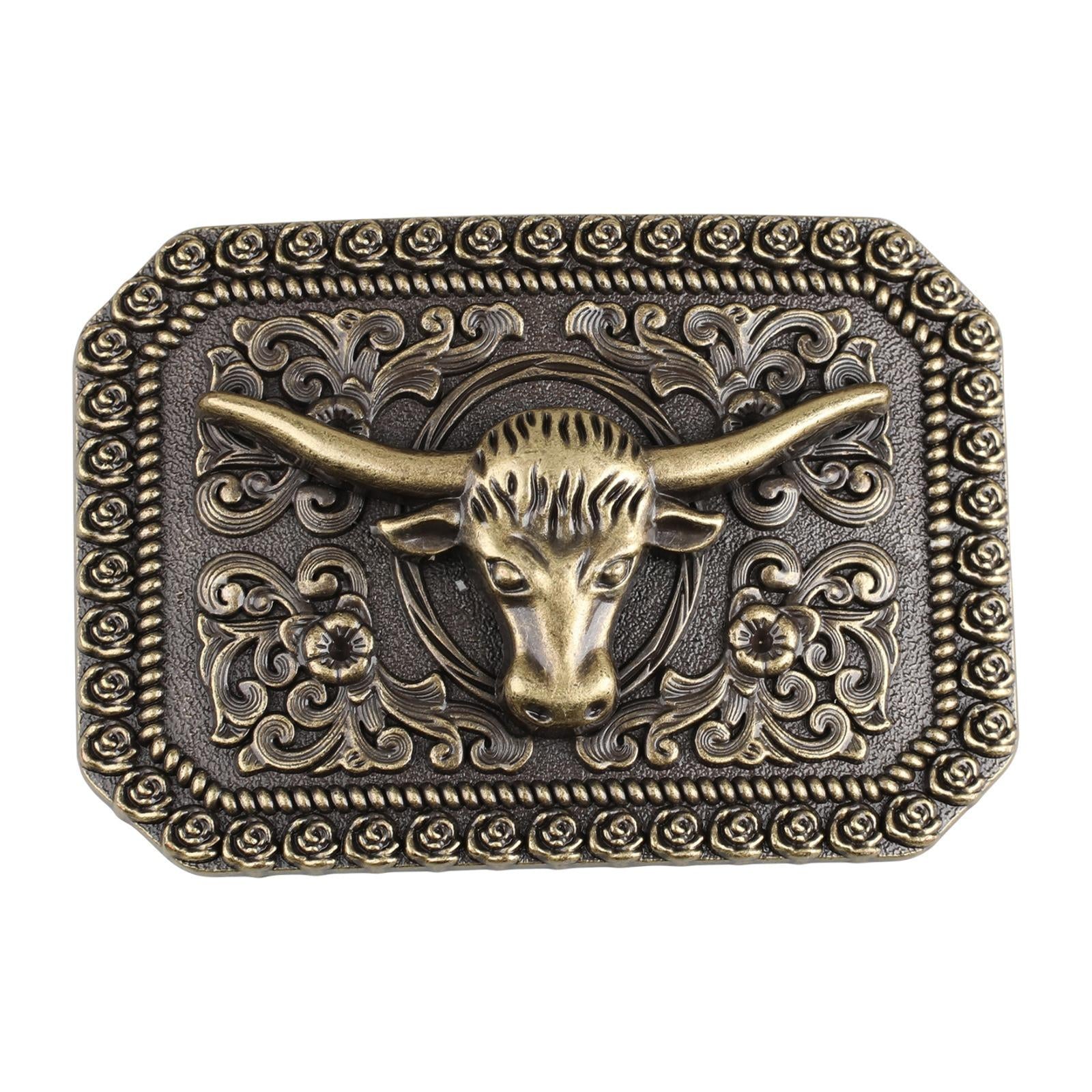 Western Longhorn Bull Belt Buckle Antique Bronze Floral Square Cowboy