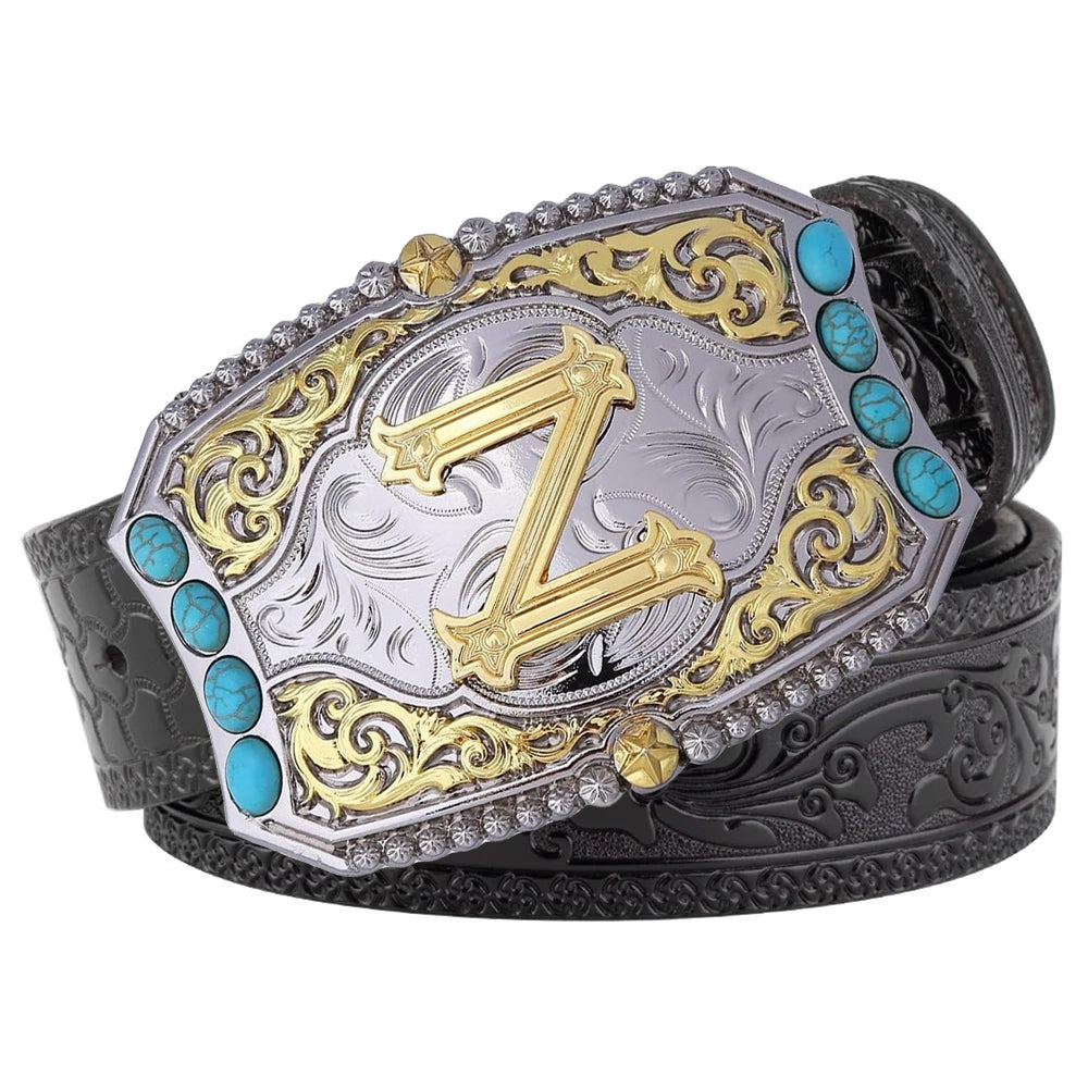 Western Cowboy Belt Turquoise Stones A-Z Initial Buckle