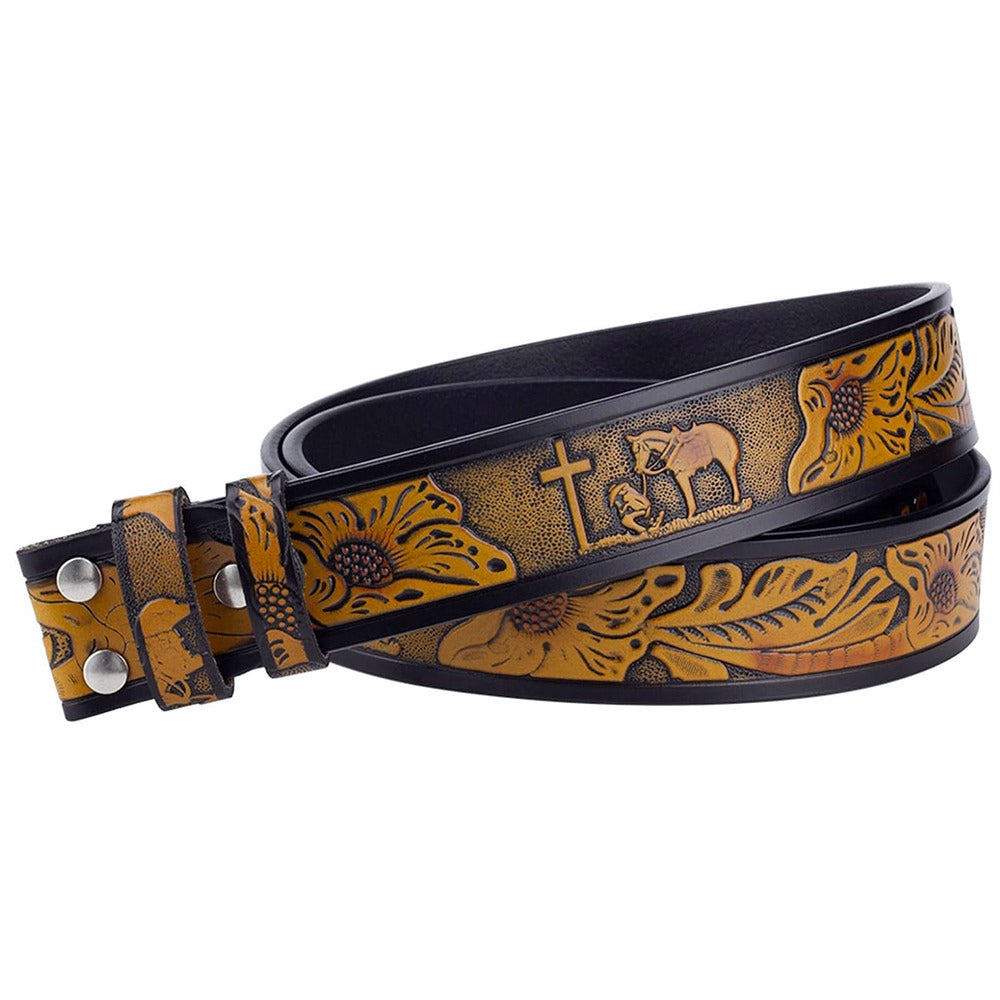 Christian Western Leather Belt with Cross and Praying Cowboy Without Buckle