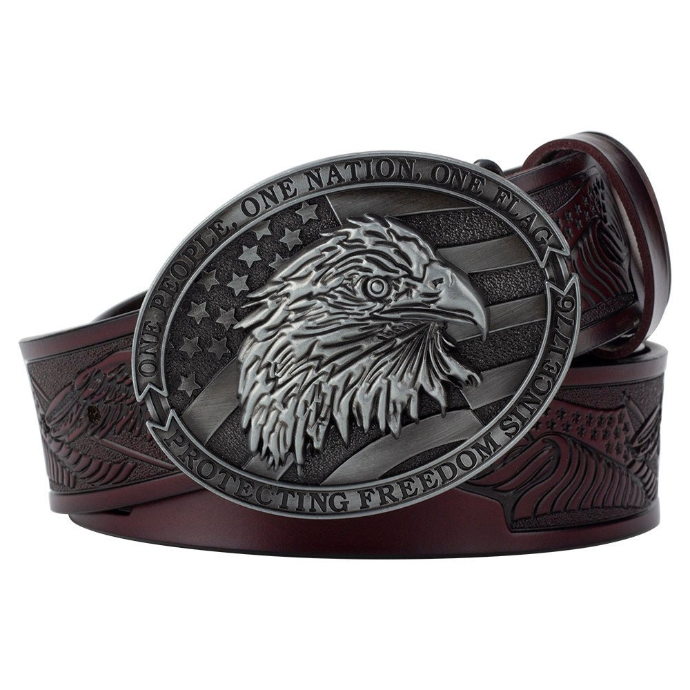 American Eagle Western Leather Belt One Nation Patriotic Buckle - CowderryBeltsAntique Silver