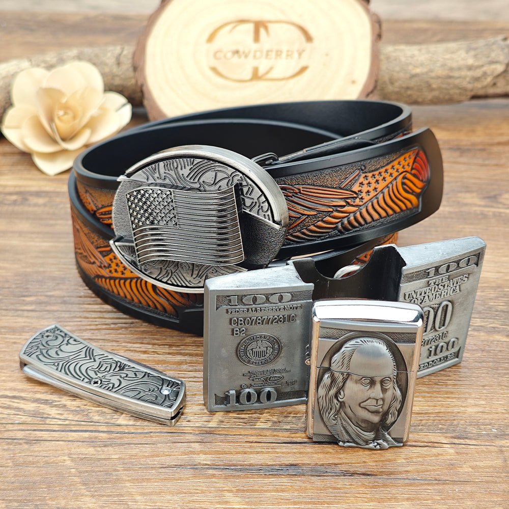 American Flag Belt and Money Lighter Buckle Set - CowderryBelts28-34 (Fit Waist 26-32 in)