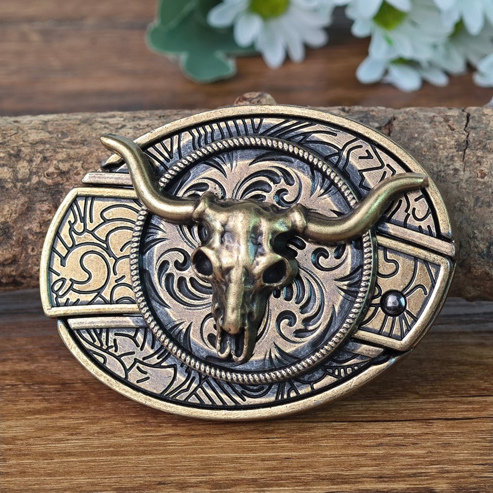 Antique Brass Rodeo Cowboy Buckle - CowderryBelt BucklesLonghorn Skull