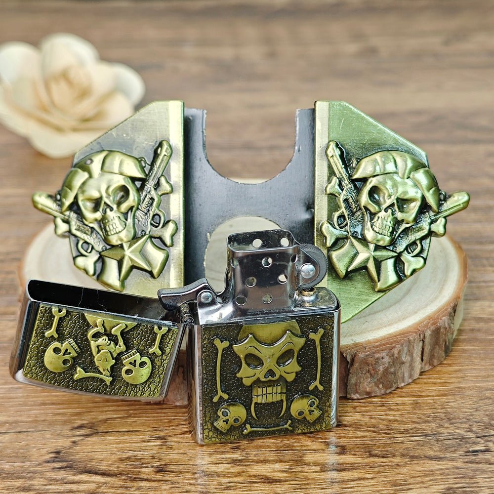 Antique Bronze Pirate Skull Lighter Belt Buckle - CowderryBelt Buckles