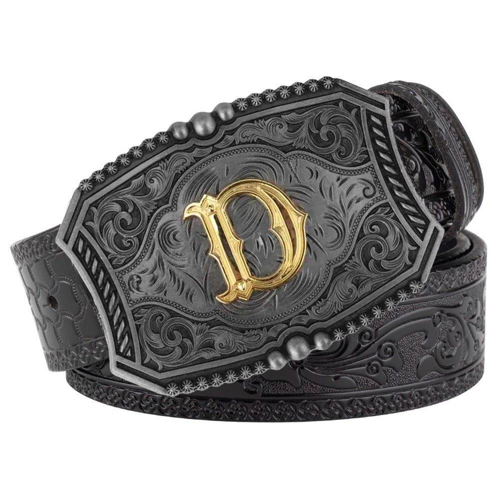 Western Floral Engraved Black Leather Belt with Gold Initial Letters A-Z Buckle