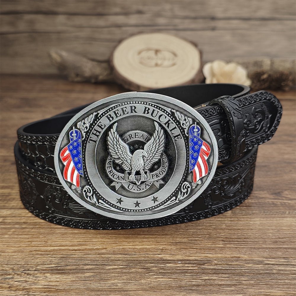 Black Leather belt with Beer Can Holder Buckle - CowderryBeltsEagle