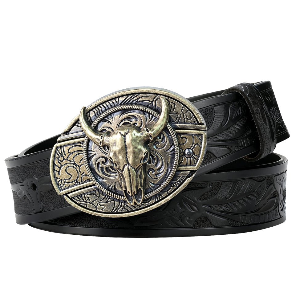 Black Leather Longhorn Rodo Belt - CowderryBeltsBull Skull