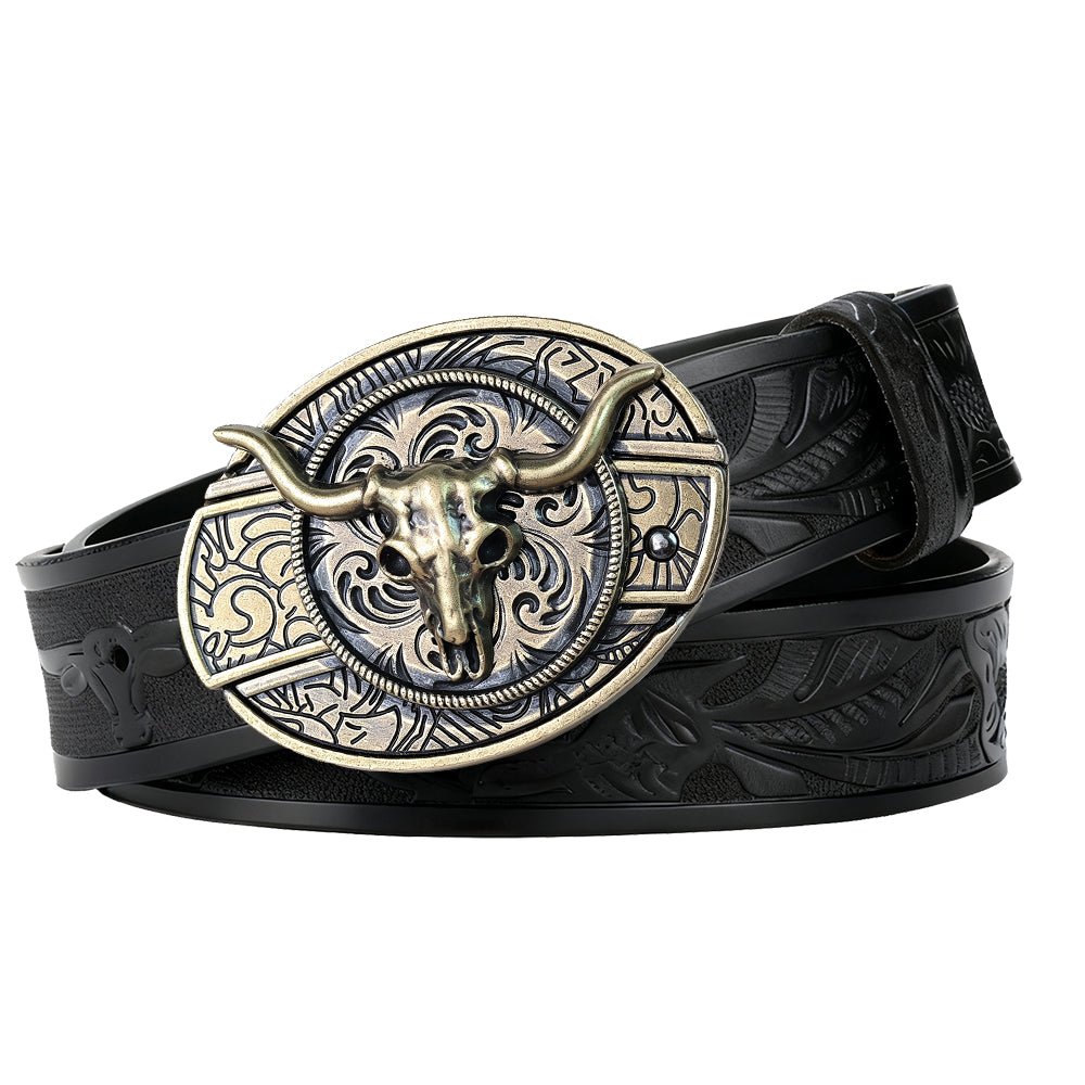 Black Leather Longhorn Rodo Belt - CowderryBeltsLonghorn Skull