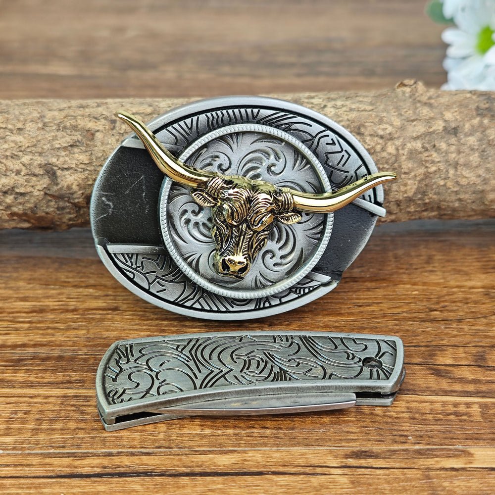 Black Leather Western Country Longhorn Belt Oval Silver Buckle Cowboy - CowderryBeltsGold Longhorn