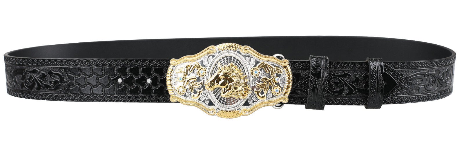 Black Western Leather Belt Gold Silver Rodeo Buckle Cowboy - CowderryBeltsHorse Head