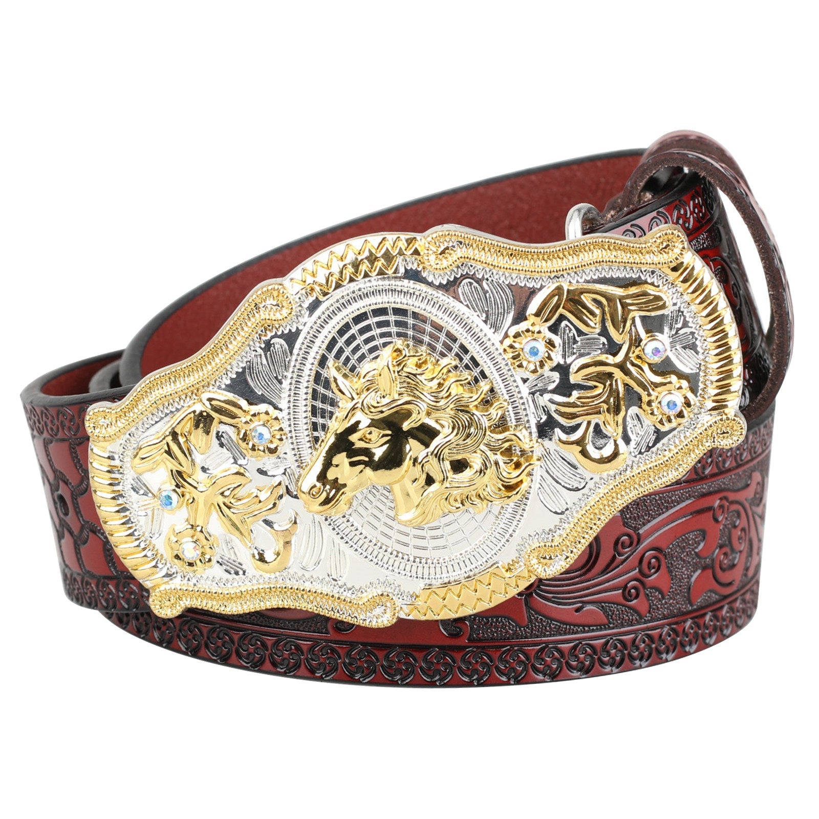 Black Western Leather Belt Gold Silver Rodeo Buckle Cowboy - CowderryBeltsHorse Head